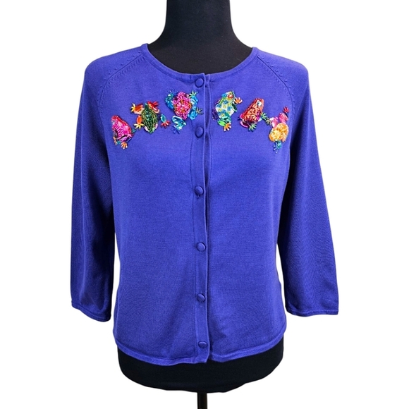 Michael Simon NY Womens Spun Silk Beaded Cardigan Small Purple Artsy Eclectic - Picture 1 of 11